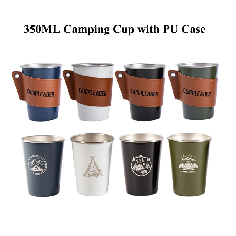 

350ml Camping Travel Cup Stainless Steel Beer Wine Cups Coffee Tumbler Tea Milk Mugs Metal Water Pint Cups with Leatheroid Cover