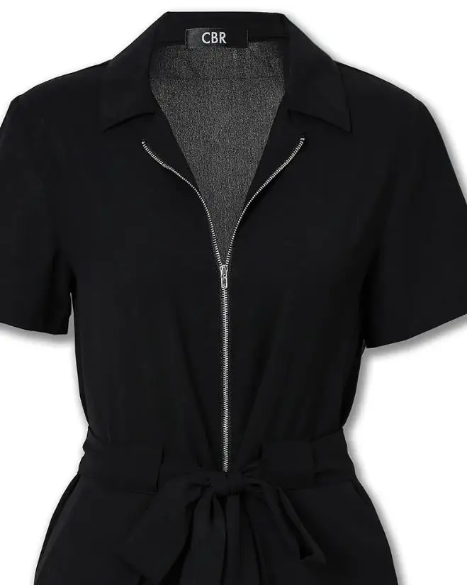 2024 Women's Summer Short Sleeves Zipper Design Pocket Waist Tie Sports Outdoor Solid Color Versatile Shorts Jumpsuit