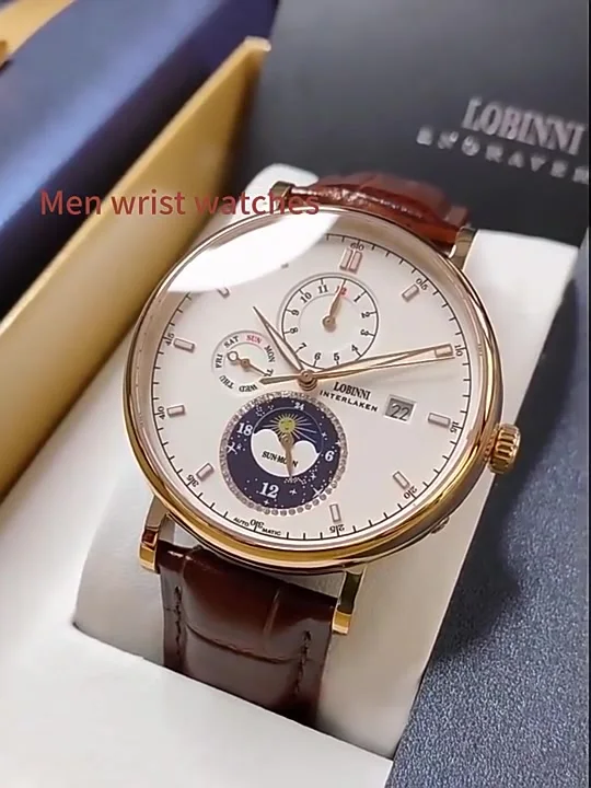 LOBINNI Moon Phase Чайка Механизм Корпус из розового золота Ремешок нержавеющей стали