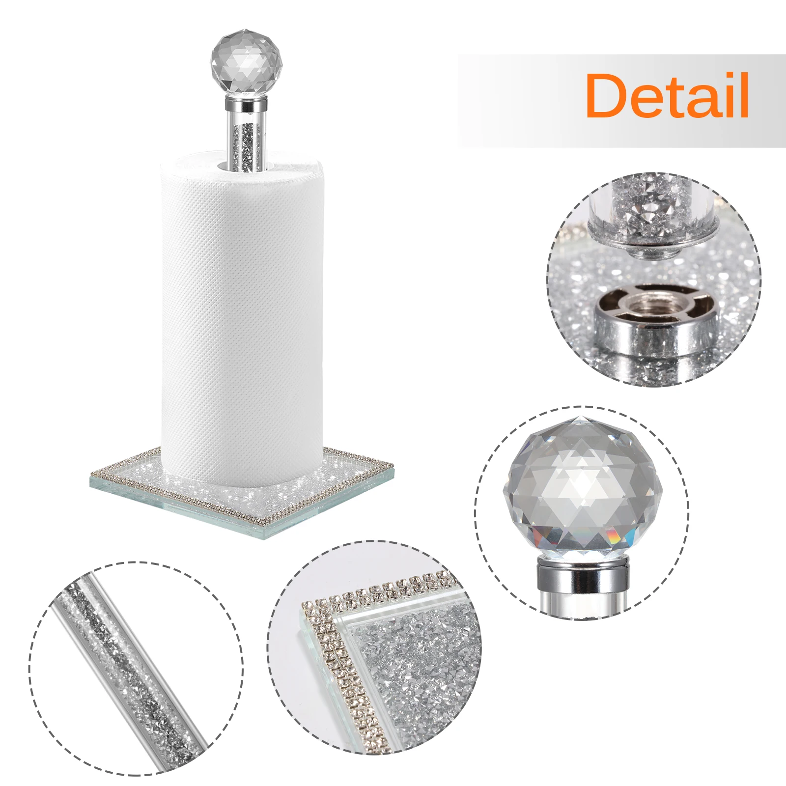 Silver Paper Towel Roll Holder Bling Stand Towel Tissue Roll Countertop Napkin for Bathroom Crystal Holder Crushed Diamond Home Decor 13.3 Inches High