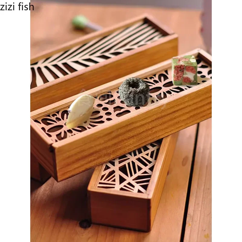 Creative Hollowed Out Wooden Sushi Plate Afternoon Tea Dessert Dim Sum Plate Molecular Food Display Dry Ice Wooden Box