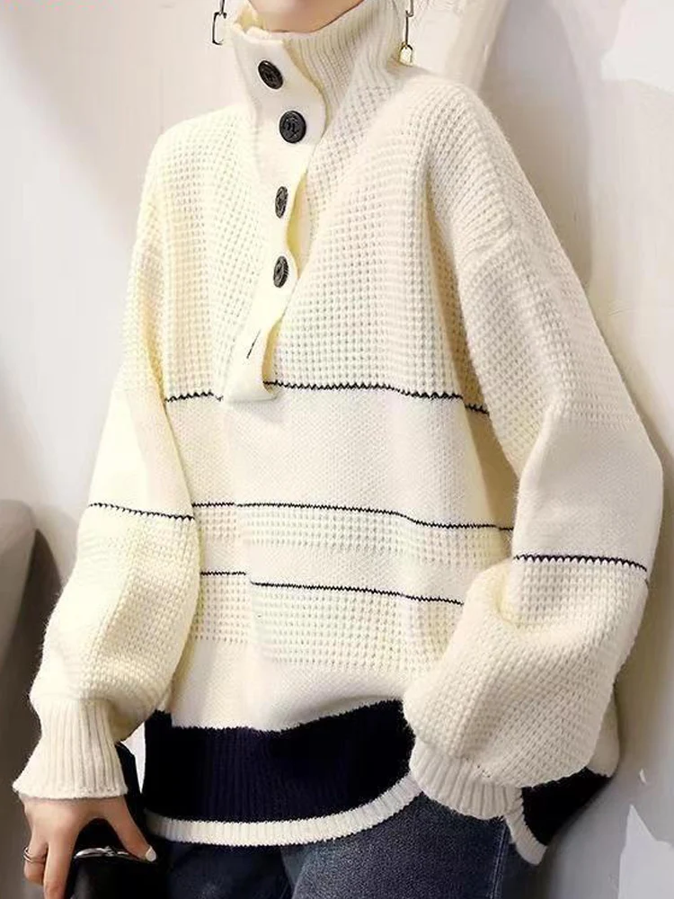 

New Women's Single Breasted Turtleneck Long Sleeved Sweater Loose Fitting Autumn And Winter Korean Vintage Striped Pullover Top