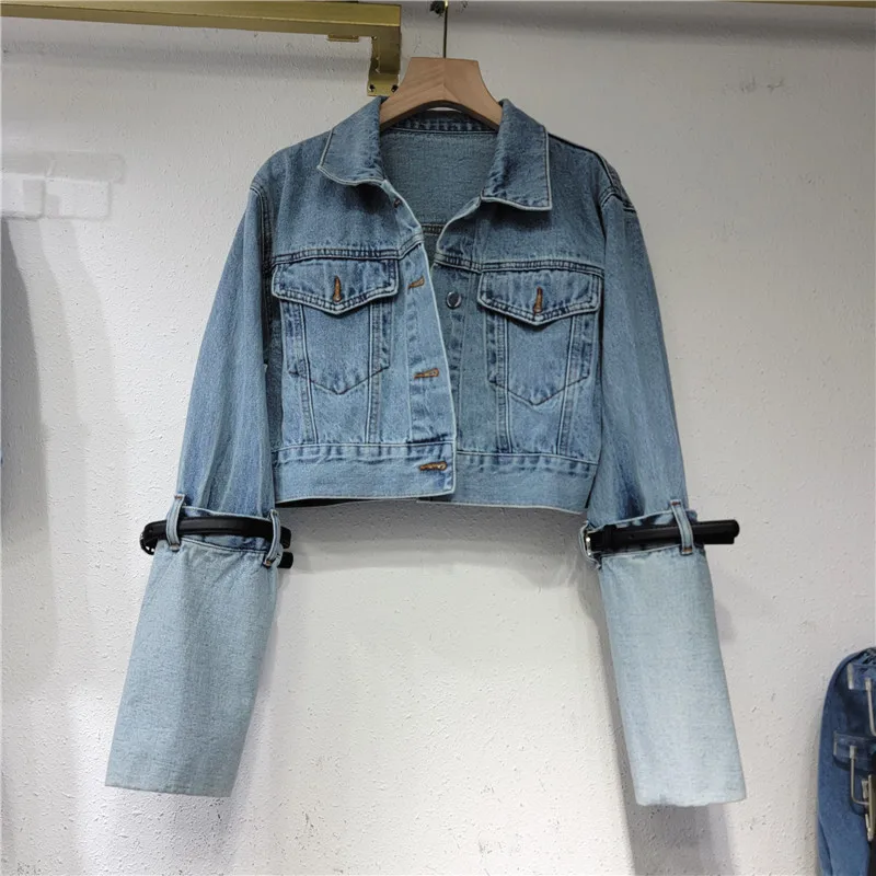 

2024 Spring Autumn New Niche Fashion Color Blocking Long Sleeved Belt Design Short Denim Jacket Women Trend LX200