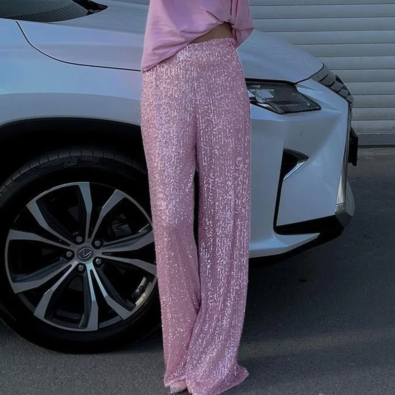 

Women's Casual High Waist Wide Leg Pants Fashion Shiny Sequin Stage Trousers Office Lady Elegant High Waist Straight Long Pants