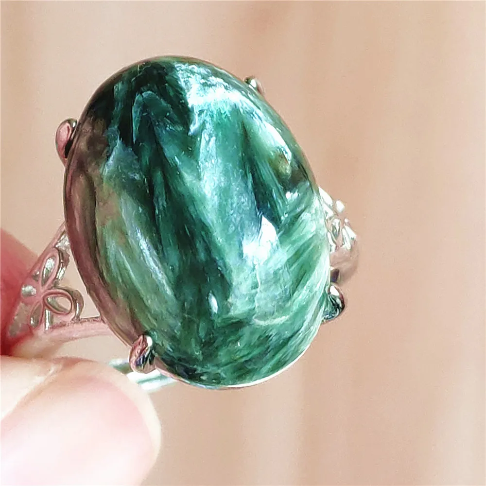 silver rings Natural Green Seraphinite Adjustable Size Ring Women Men Seraphinite Ring Clinochlore Oval Gemstone 925 Sterling Silver AAAAAA gucci ring