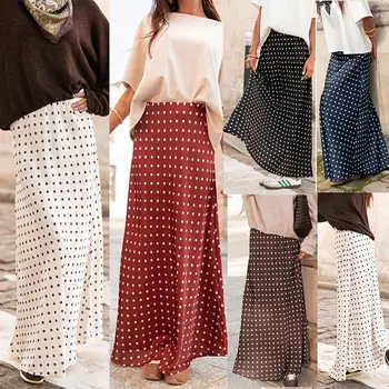 Womens Y2k Polka Dot Print Satin Long Skirts A Line Swing Bohemian Maxi Skirt Vintage Side Zip Flowy Skirt Streetwear