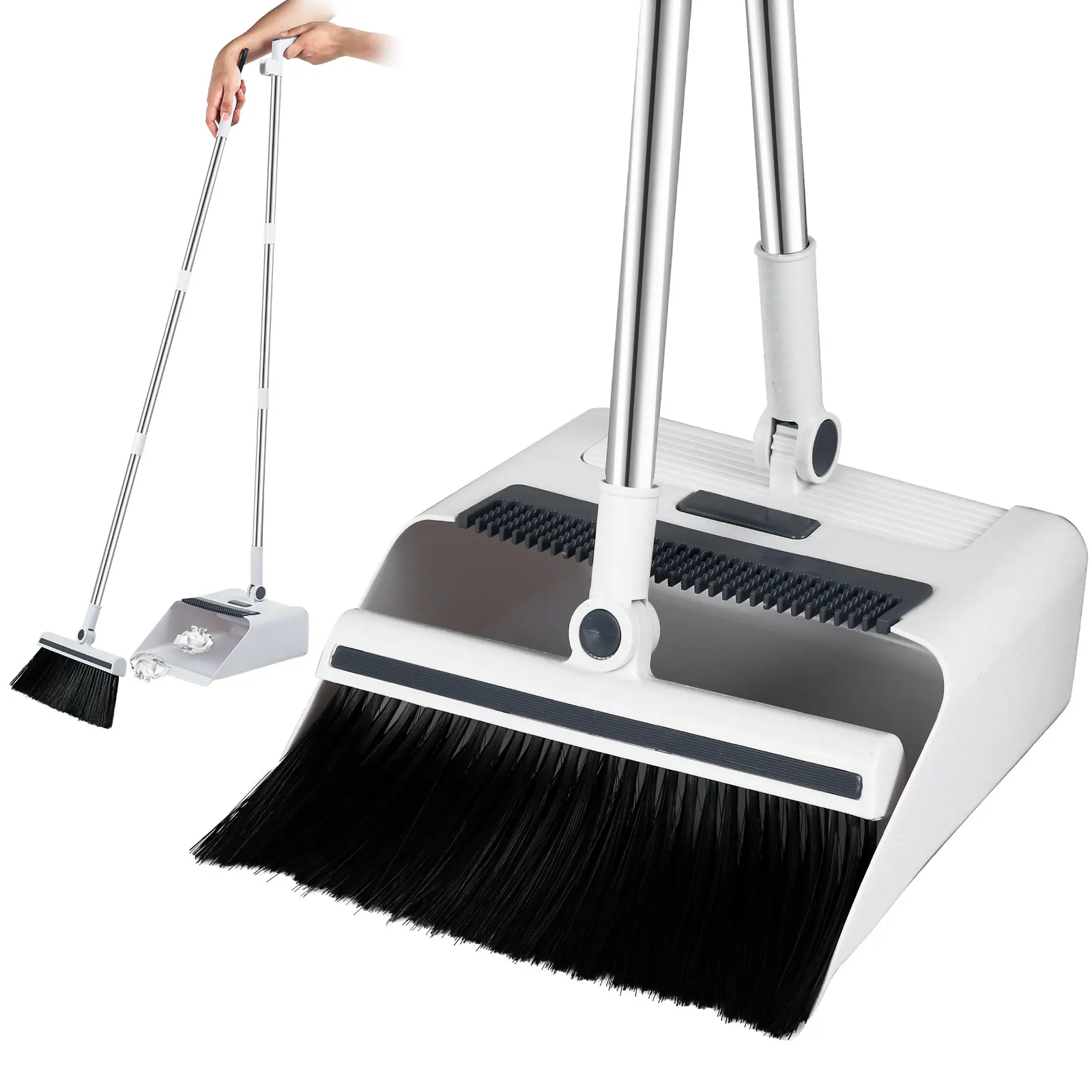 

Broom and Dustpan Set with Embedded Floor Scrub Brush 180° Rotatable Sweeper Dustpan Set with Long Handle Upright Standing Floor