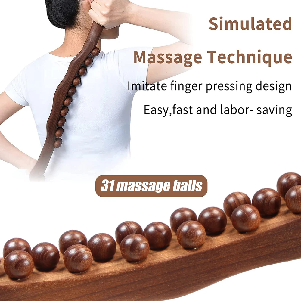 Guasha Wood Stick Tool Wood Therapy Massage Tool for Body Shaping 31 Beads Back Massage Roller Stick Lymphatic Drainage Massager