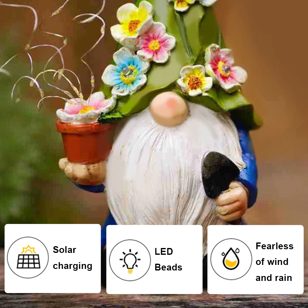 Garden Gnome Statues with Solar LED String Light Resin Crafts Garden Decor Resin Gnome Figurine Gifts for Housewarming Festival 5