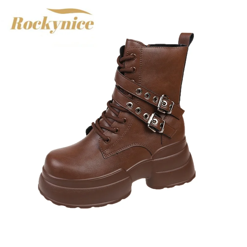 Women Leather Ankle Boots Winter Belt Buckle Platform Sneakers Comfortable Thick Sole Motorcycle