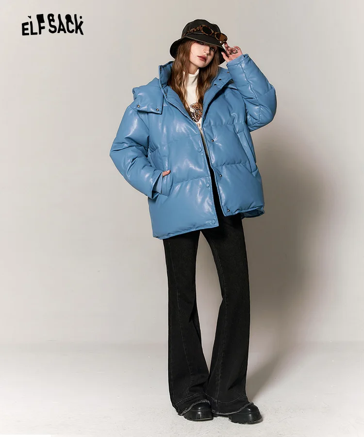 ELFSACK Korean Fashion Blue PU Down Coats Women 2023 Winter New Designer Outwears