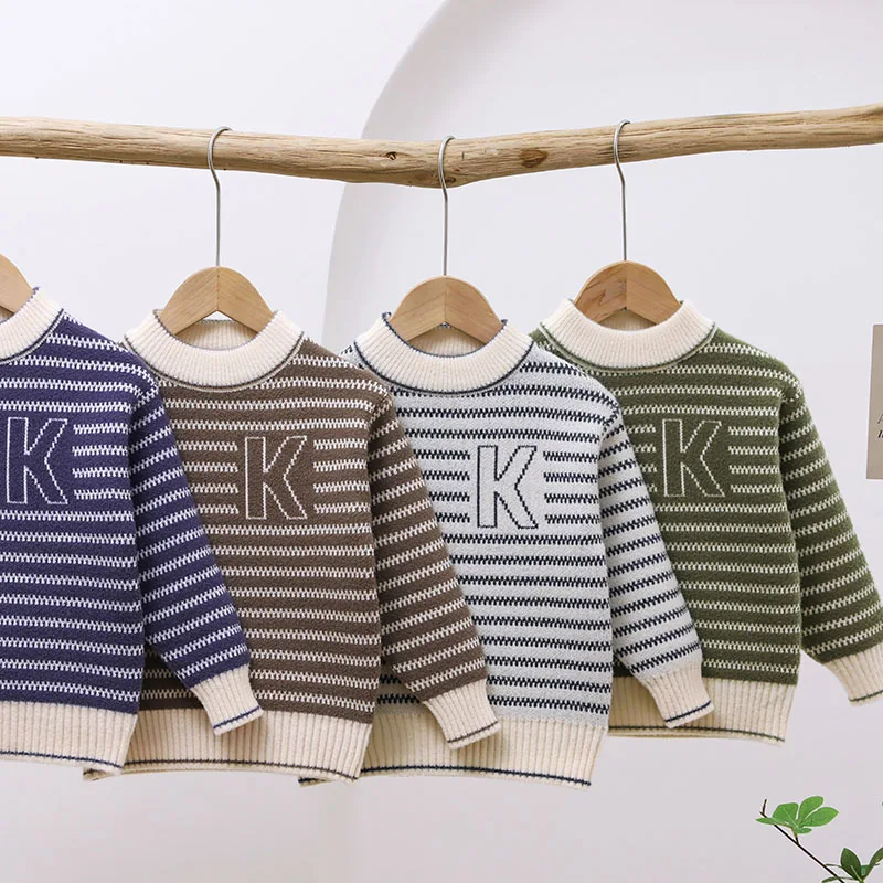 2024 Winter Children's Sweaters Striped Warm Pullover Clothes Kids Boys Long Sleeve Knitted Sweater Baby Thick knitwear 1