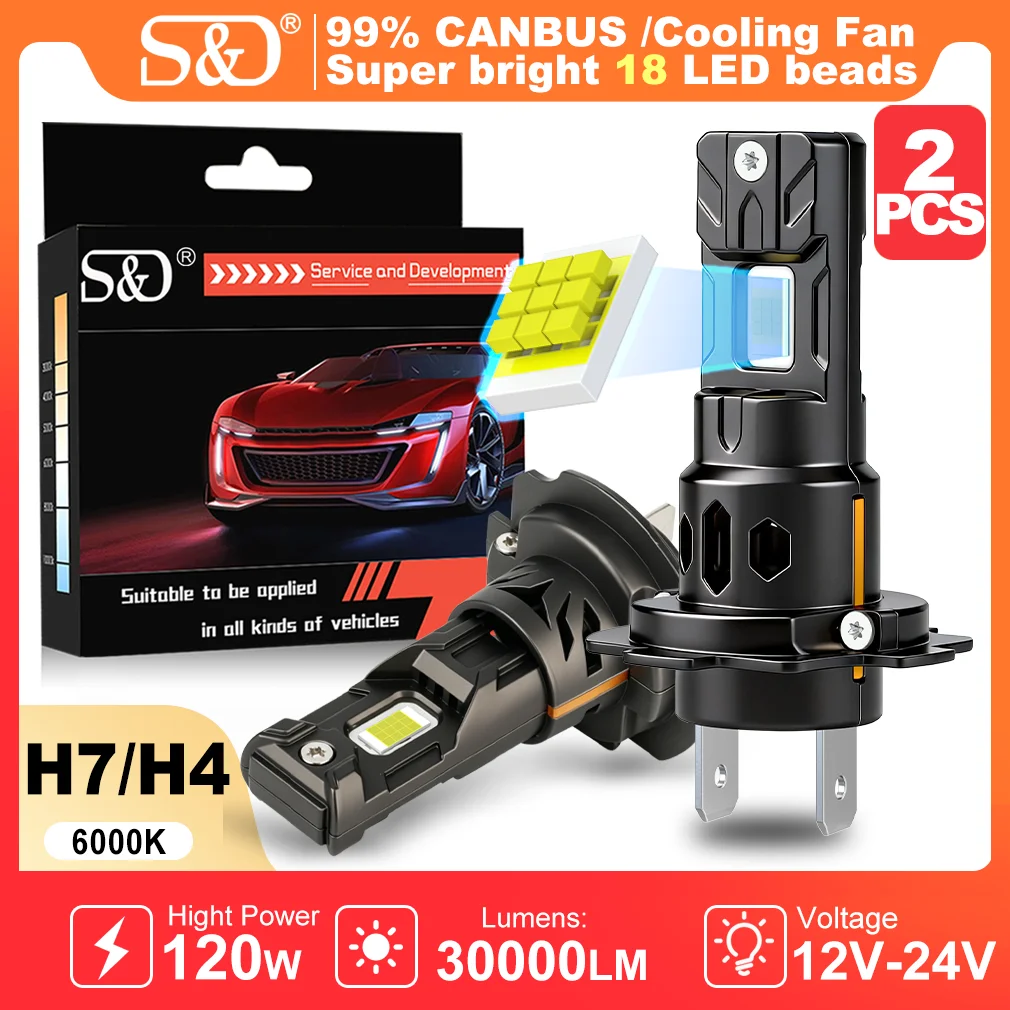 S&D H7 LED 캔버스 자동차 헤드라이트 전구 H4 무선 하이/로우 빔 120W..