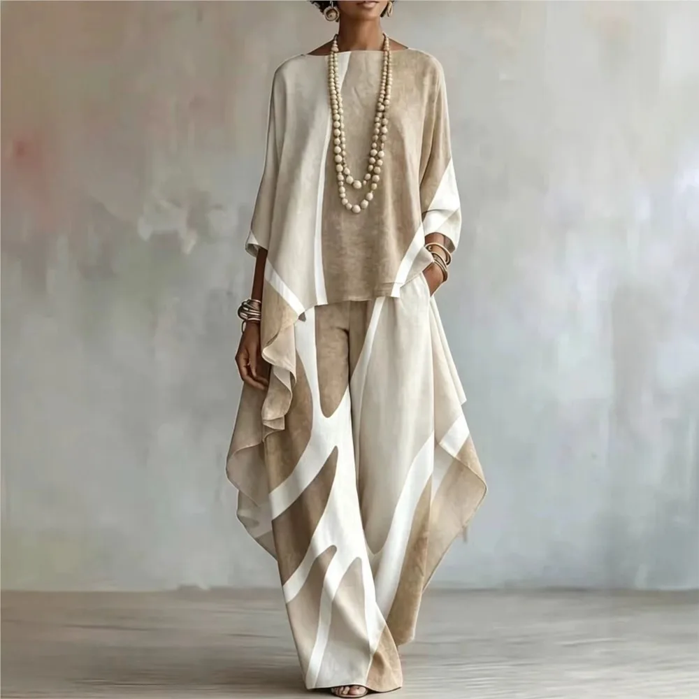 Ensemble deux pièces vintage à couleurs contrastées pour femmes, comprenant un haut long irrégulier et un pantalon large, idéal pour l'automne, les vacances et les tenues décontractées assorties. 1