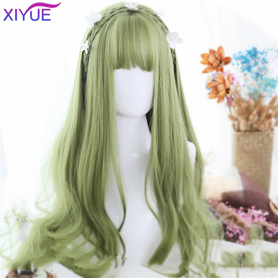 XIYUE Green Long Straight Synthetic Wigs for Women Natural Wave Wigs with Bangs Heat Resistant Cosplay Hair Halloween