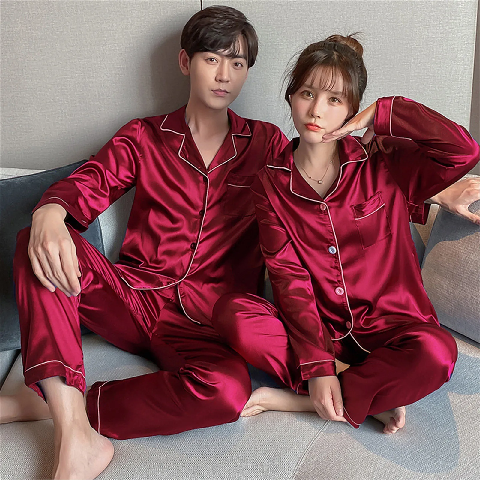 

Women Men Couple Long Sleeve Long Pants Large Size Comfortable Pajamas Solid Colour Satin Loose Casual Homewear Pajamas Set