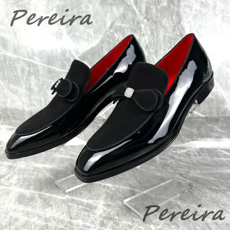 Bowknot Rhinestone Men Patent Leather Shoes British Style Black Luxury Formal Loafers High Quality Party Wedding Dress Shoes