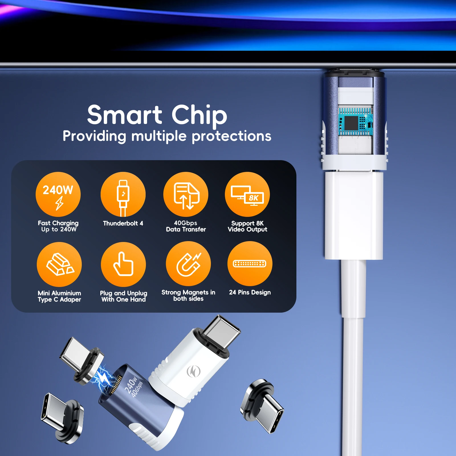 240W USB-C Magnetic Fast Charge Adapter – Male to Female Data Transfer Converter