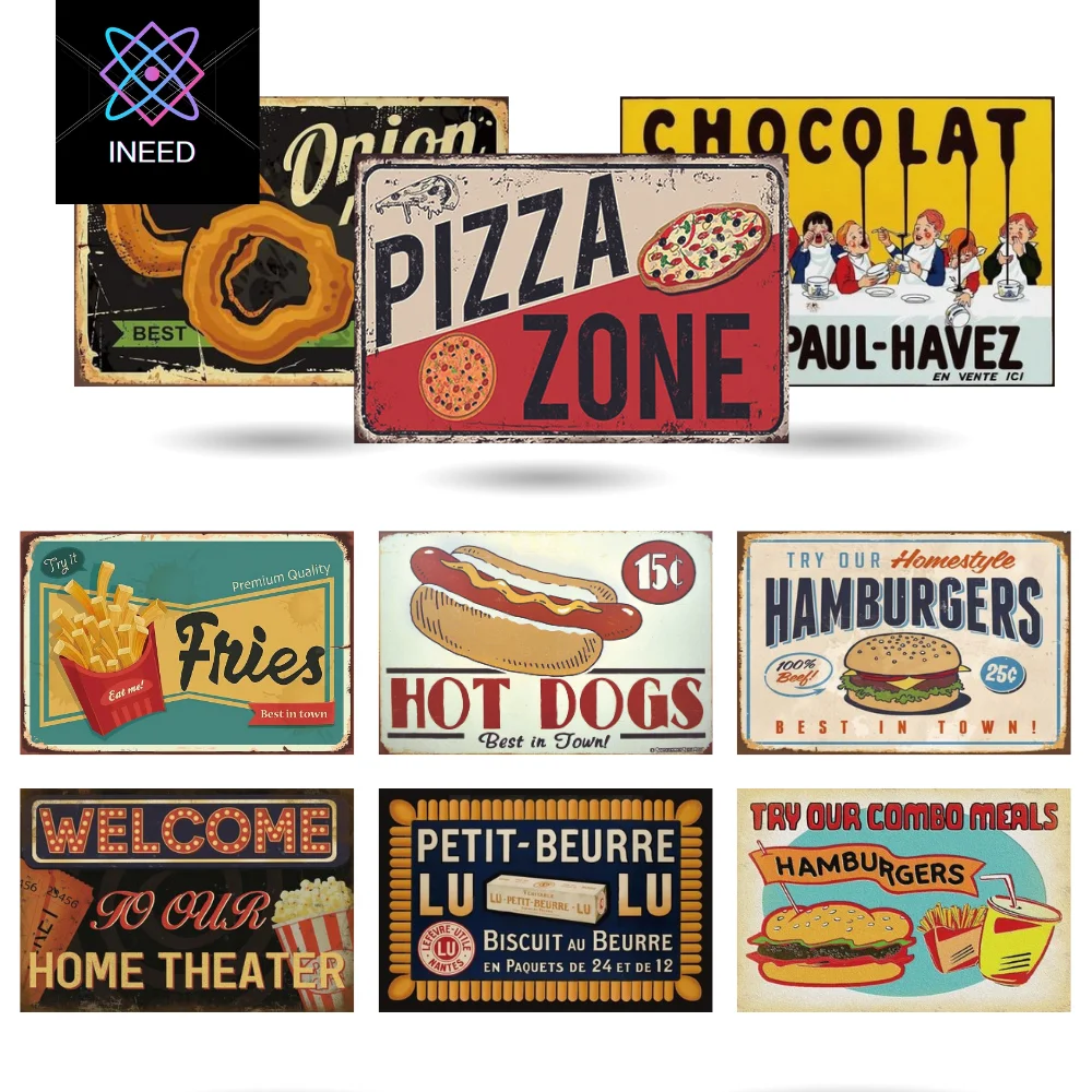 

【INEED】Fast Food Metal Tin Signs Hamburg Hot Dog Pizza Vintage Poster Wall Decor Plaque For Home Kitchen Cafe Diner Bar ﻿