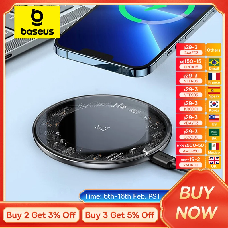 Baseus 15W Caricabatterie Wireless Veloce Per Iphone 15 14 13 Per Airpods Visibile Qi Wireless Charging Pad Per Samsung S22 S10 Xiaomi Lg