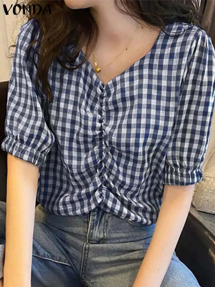 

VONDA Fashion Blouse Women Plaid Shirts 2024 Summer V-neck Short Puff Sleeve Bohemian Printed Tunic Tops Loose Casual Blusas