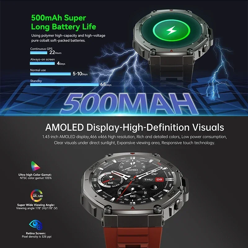 남성용 군용 GPS 스포츠 시계 나침반 5ATM 방수 1.43인치 AMOLED 170+스포츠 모드 500mAh 배터리 BT 통화 스마트 스포츠 시계 남성용