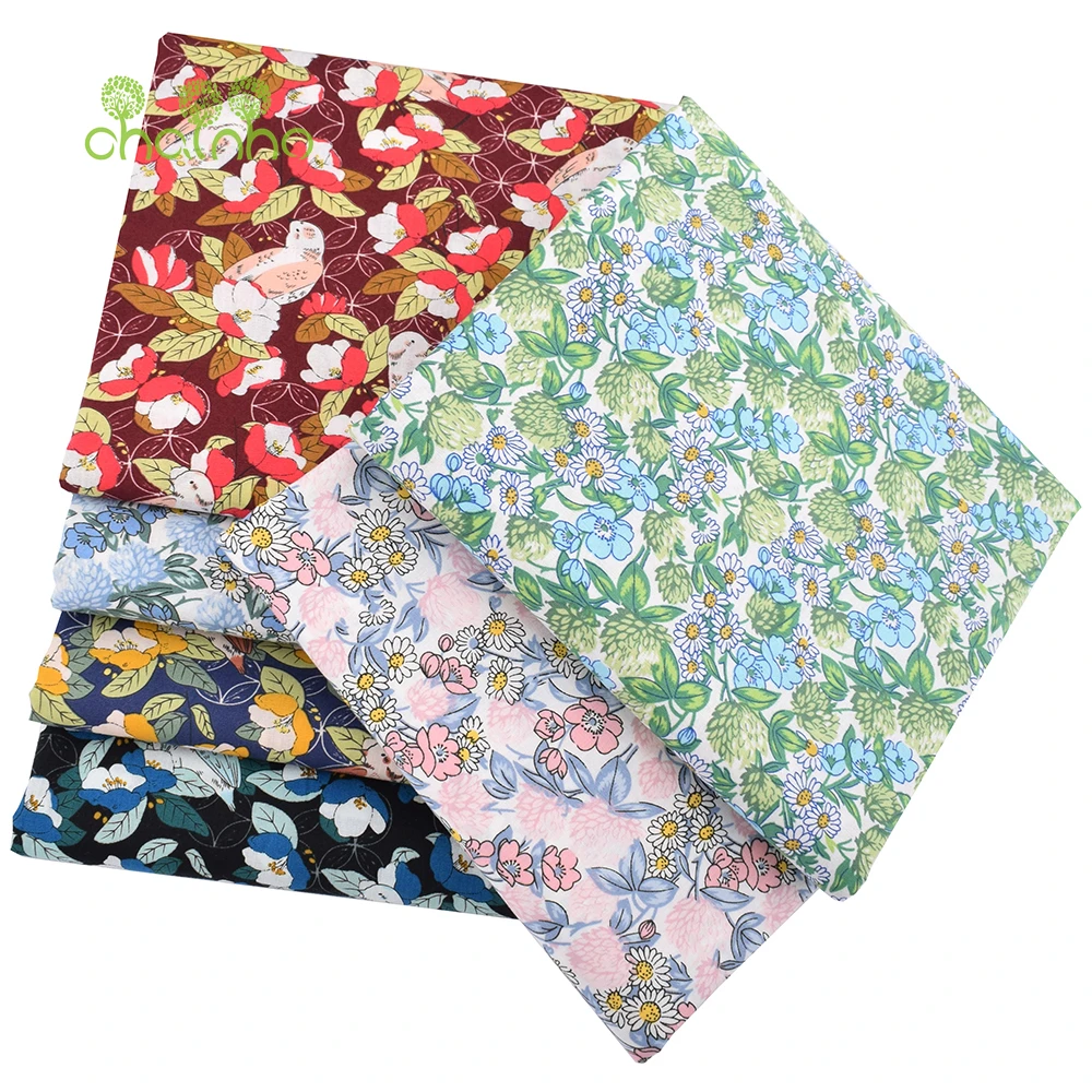 Chainho,Printed Plain Weave Poplin Cotton Fabric,DIY Sewing Quilting Material,Patchwork Cloth,Floral Serie,3 Sizes,15PC133