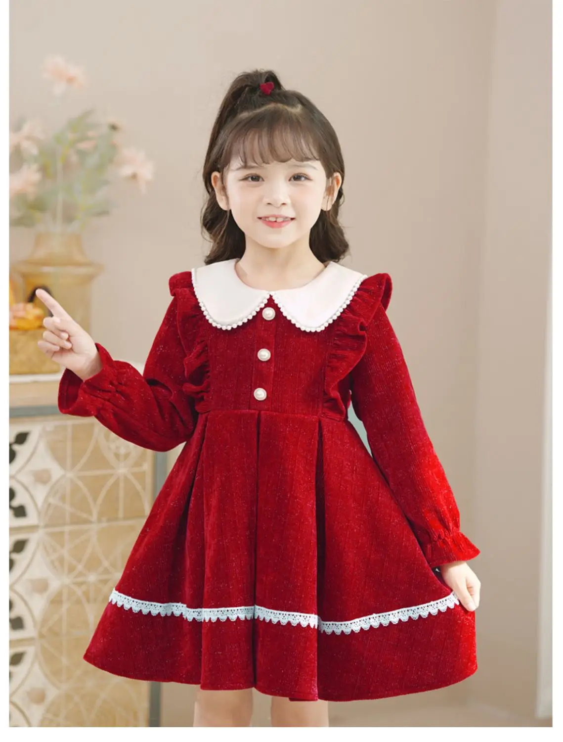 2024 new spring Europe Kids girl clothes red long sleeve retro pearl princess Dresses teenager lace pleuche 6 8 9 10 11 12 year- S543839d3864a46d0a4199091f05f65c2s