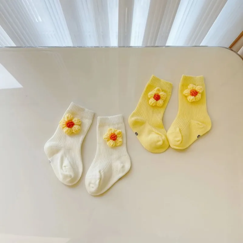 Cute Baby Handmade Knit Floral Socks Solid Color Middle Tube Kids Cotton Socks Newborn Infant Toddler Sockings 0-6years Old