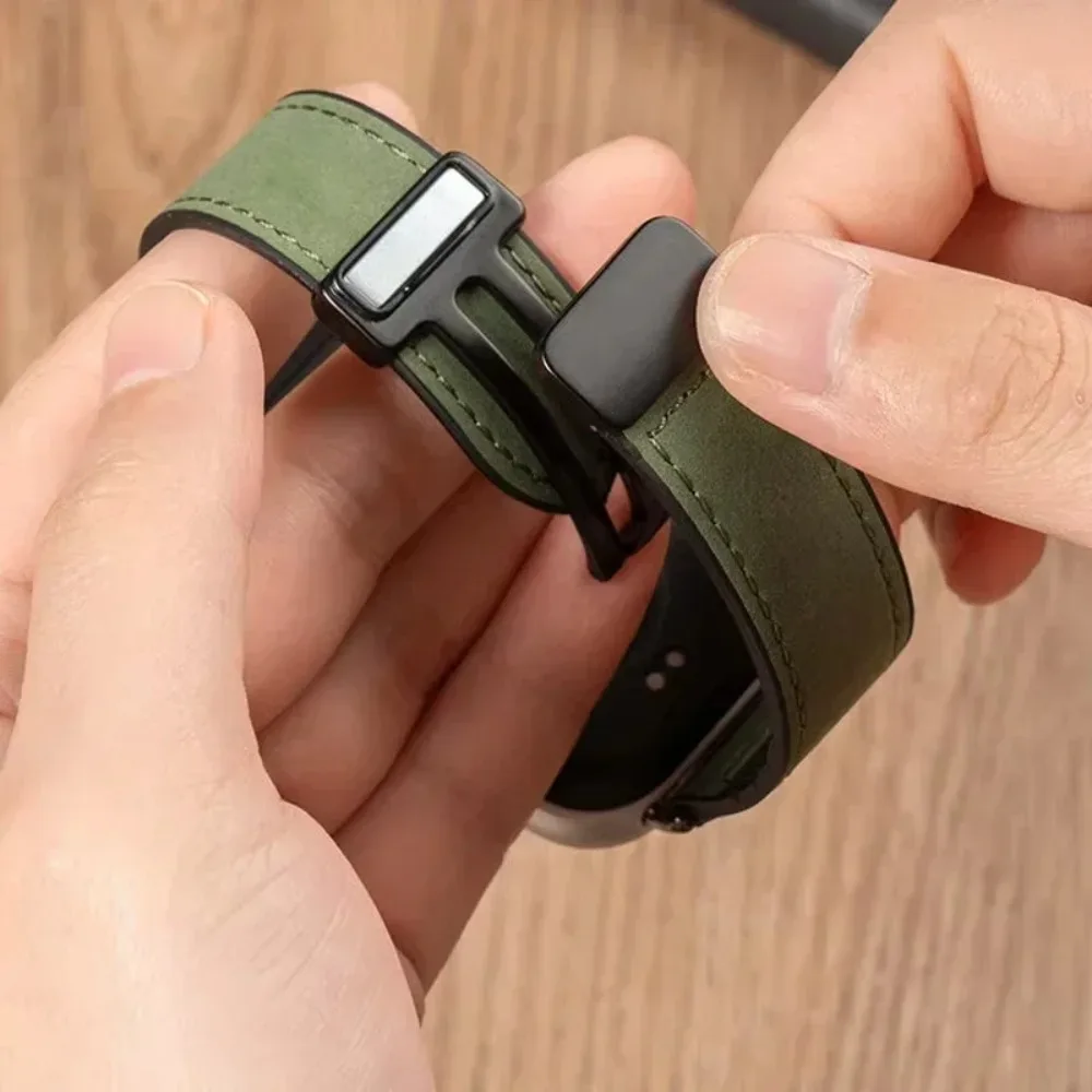 Premium Leather and Sports Silicone Strap with Magnetic Buckle - Elegant Wristband Bracelet