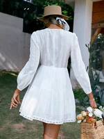 Elegant puff sleeve women white mini dress summer lady v-neck ruffle dresses Casaul high waist party