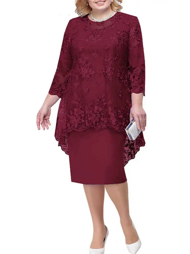 2026 Women Dress O-neck Midi Loose Dress S-8XL Lady Evening Lace Mesh Sexy Elegant Dress Female Clothing Summer Autumn 3