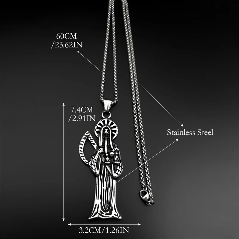 Collana Con Ciondolo Holy Saint Death In Acciaio Inossidabile Santa Muerte Grim Reaper Donna Uomo Gioielli Con Teschio Falce Vintage Color Argento - Foto 4