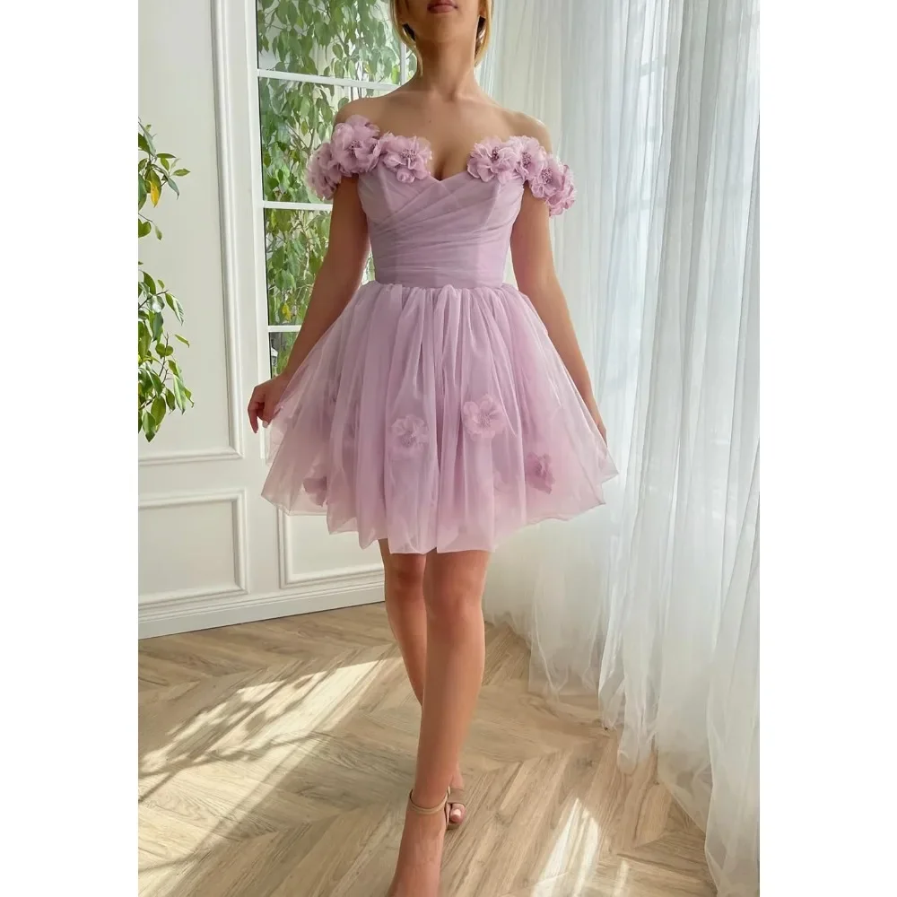 

Wakuta Off The Shoulder Tulle Short Homecoming Dresses for Teens Flower Appliques A Line Mini Cocktail Party Gowns robe de bal