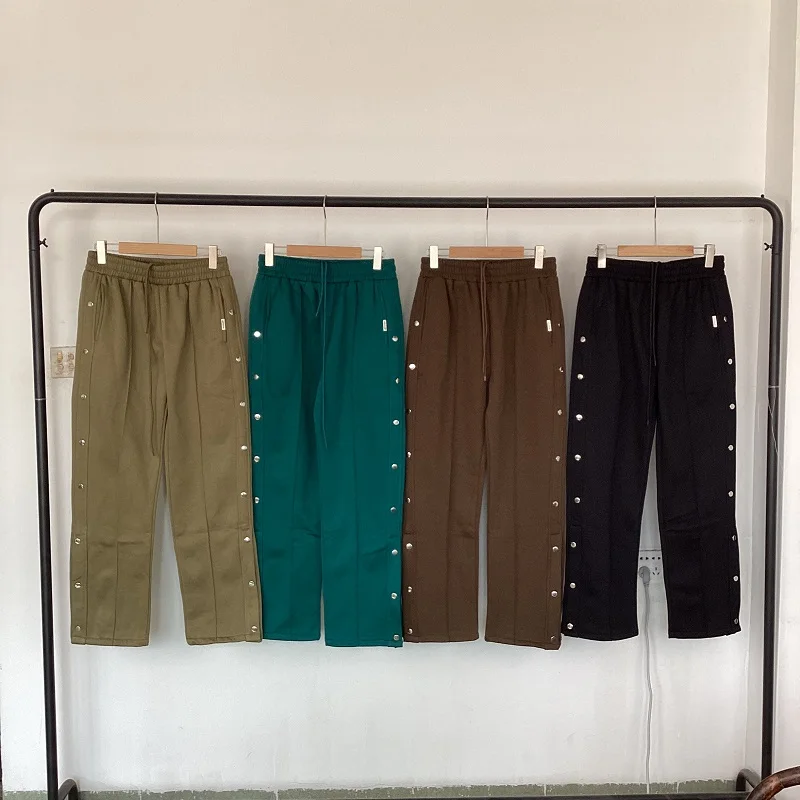 

Высококачественные однотонные винтажные прямые брюки в стиле пэчворк с пуговицами и разрезом на шнуровке в стиле хип-хоп для мужчин и женщин, спортивные брюки