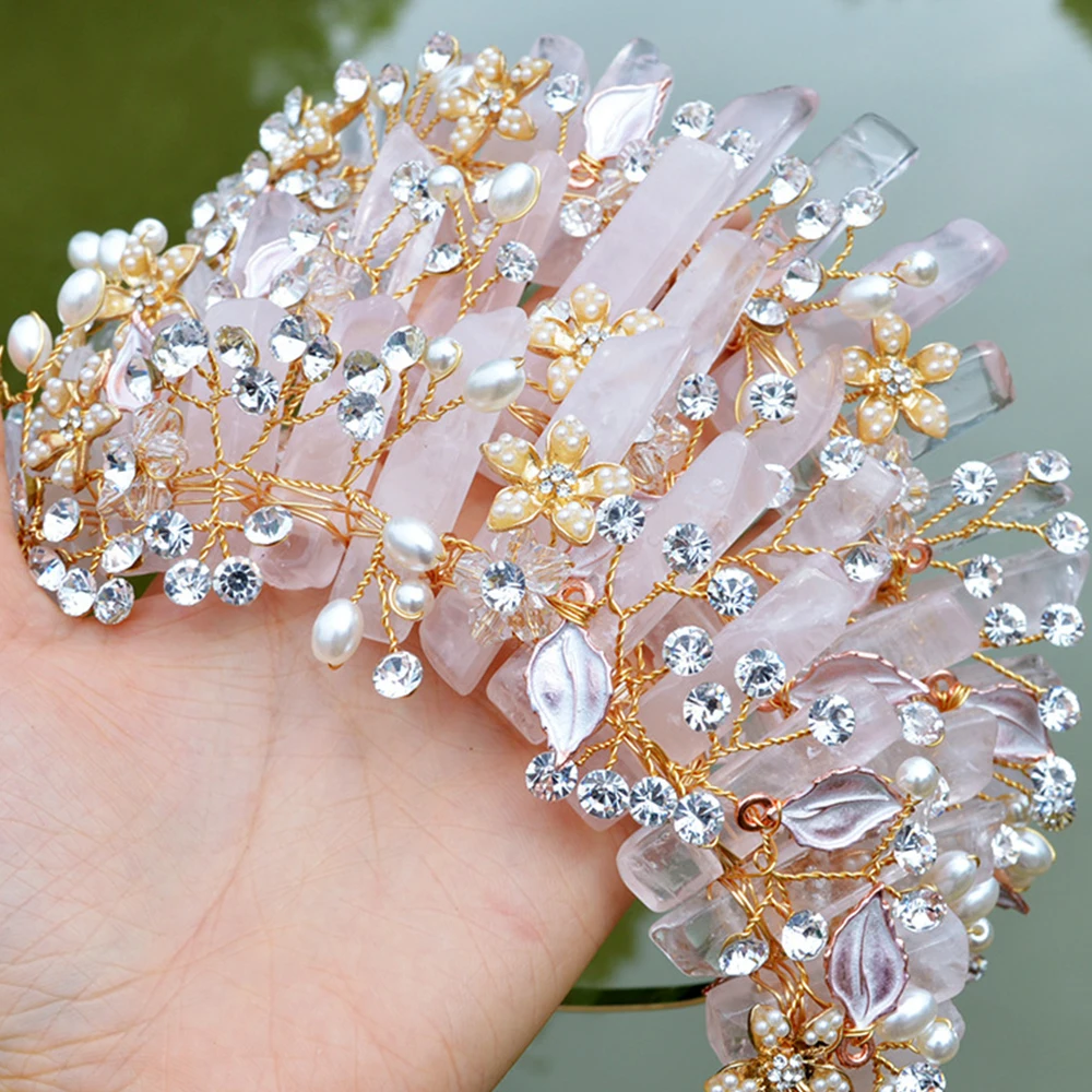 

Luxury Tiaras Romantic Pink Natural Crystal Wedding Crown for Bride Rhinestone Hair Accessories Women Headband Headwear Jewelry