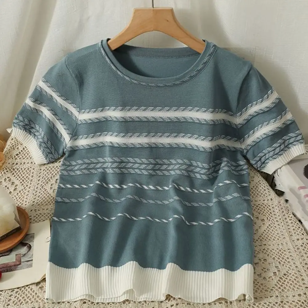 Fashion Ins Short Sleeve Crop Top Loose Summer Stripe Knitted T-shirt Bottoming Shirt Female Clothing Knitwear Women Female