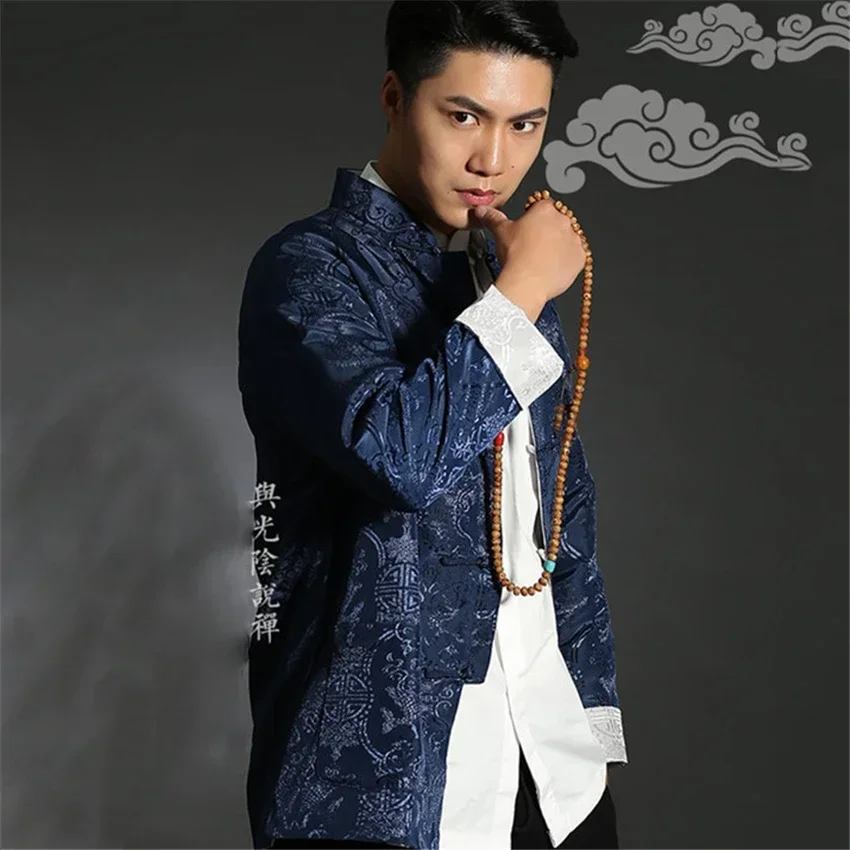 Men Chinese Style Shirt Tang Suit Chinese Jacket Silk Kungfu Cheongsam Top Hanfu Men