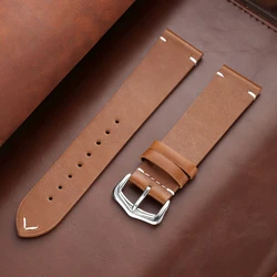 Retro Leather Watch Strap - Universal Cowhide Band with Stitching, Oil Wax Finish - 22mm (Yellow - Brown)