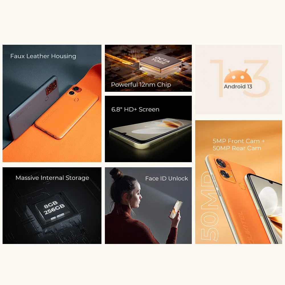 OUKITEL C33 Cheap Smartphones Octa Core 8GB+256GB 6.8Inch HD Screen Android 13 Mobile Phone 50MP Camera 5150mAh 10W Fast Charge