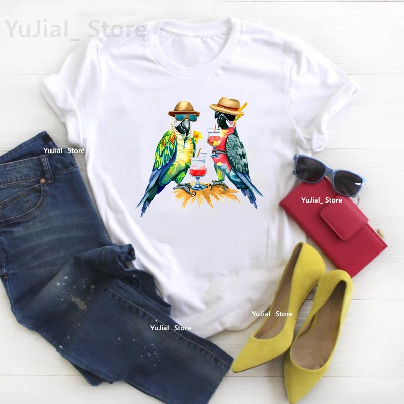 

Watercolor Cockatiel Parrot Drink Print T Shirt Girls Rainbow Birds Tshirt Women Kawaii Clothes Cool White T-Shirt Female