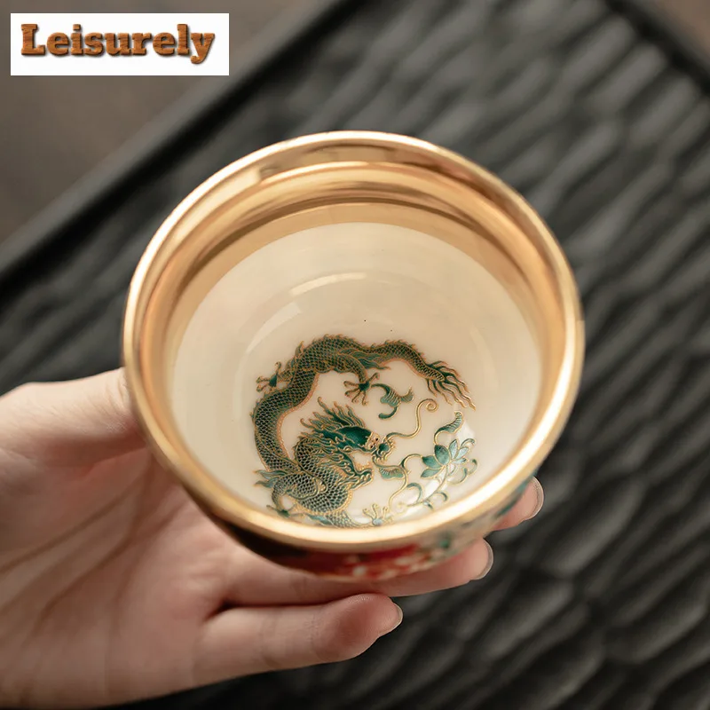 130ML Handmade Enamel Gilded Ceramic Teacup Dragon And Phoenix Host Cup Tea Paired Coffee Mug Beautiful Kung Fu Teaset Drinkware