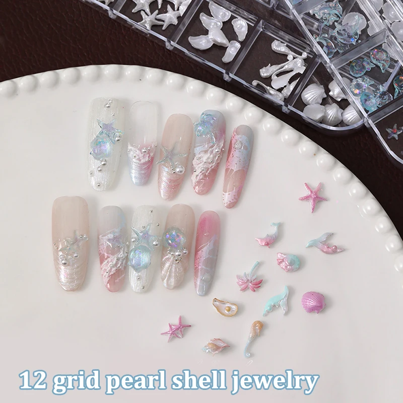 12 Grids/Box Aurora 3D Nail Charms - Shell Starfish Mermaid Tail Oceanic Accessories, Dreamy Manicure DIY Salon Decorations