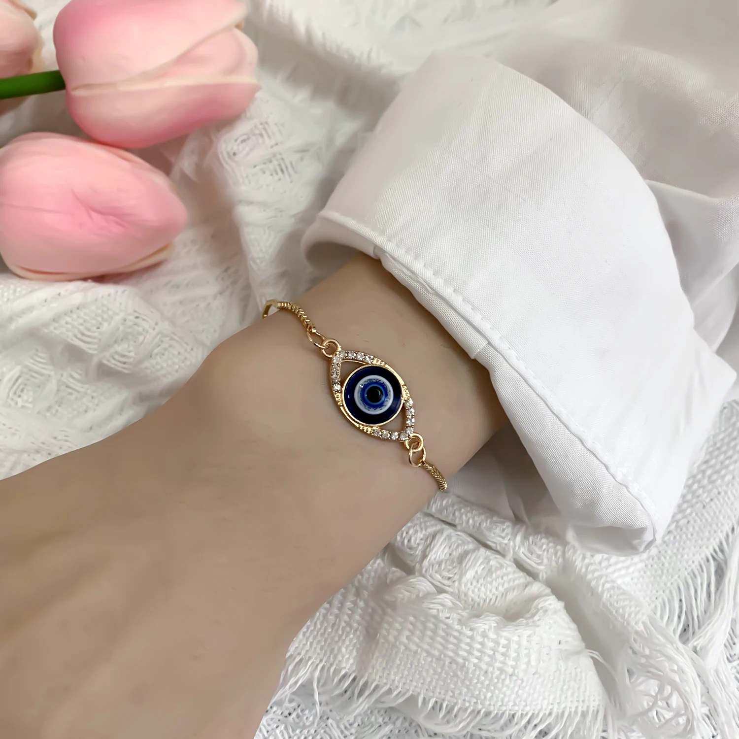 Gold and Diamond Lucky Evil Eye Bracelet, Handmade