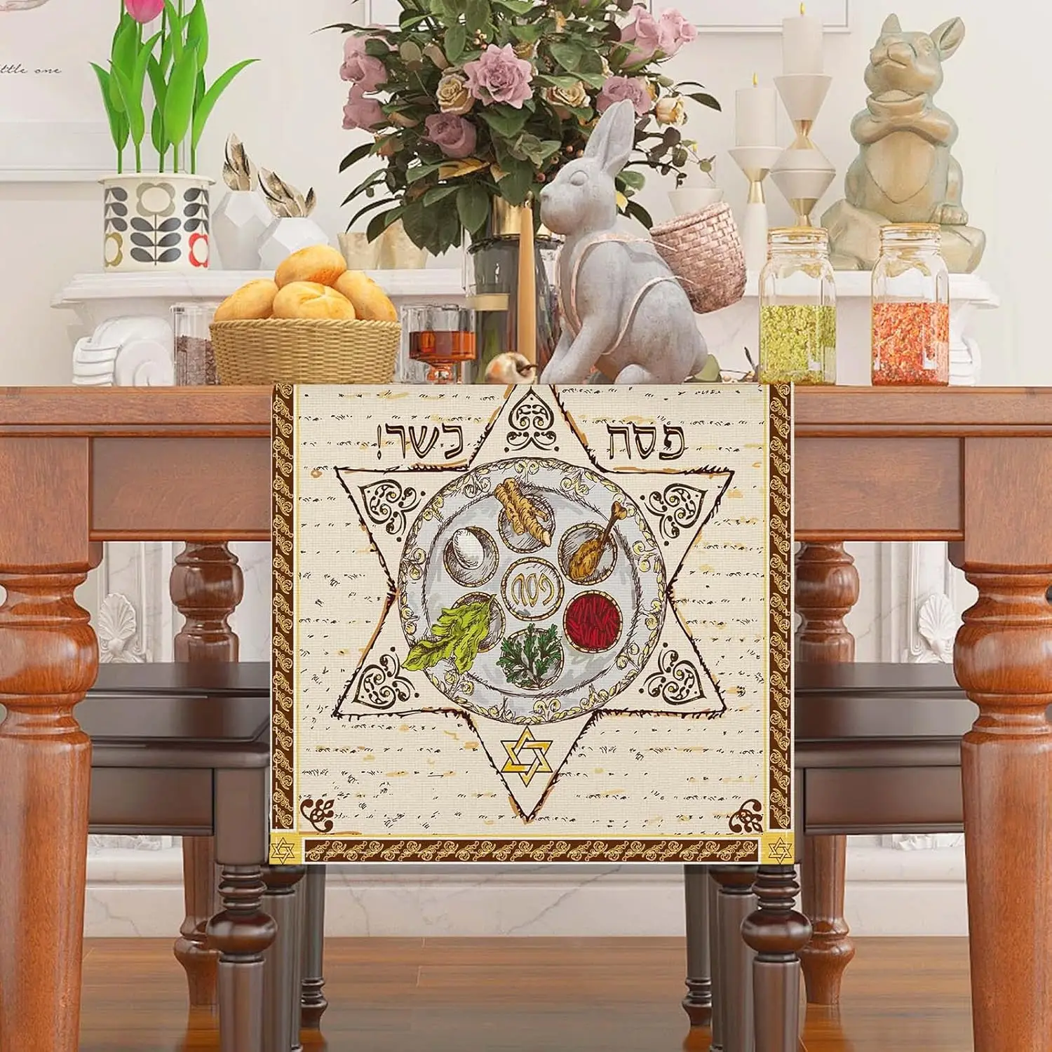 Happy Passover Linen Table Runner Jewish Passover Decorations Pesach Star Matzah Plate Table Runners Kitchen Dining Table Decor 3