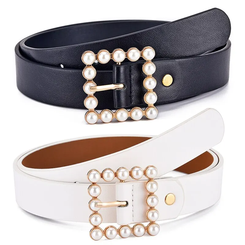 New Women's Belt Fashion Pearl Buckle Belt Trend Versatile Jeans Belt PU Leather Belt Street Trend Y2K Belt Gift for Girlfriend
