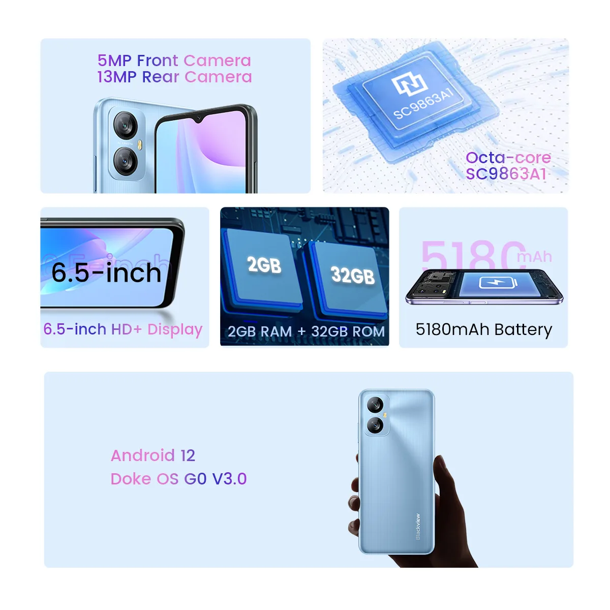 Blackview A52 New Smartphone 2GB 32GB 6.5 Inch Android 12 Cellphone Octa Core Mobile Phone 5180mAh Dual 4G 13MP Rear Cameras