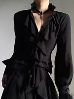 Deeptown blanc volants élégant Vintage femmes Blouses noir Y2k victorien gothique à manches longues col montant chemises ample Preppy 4