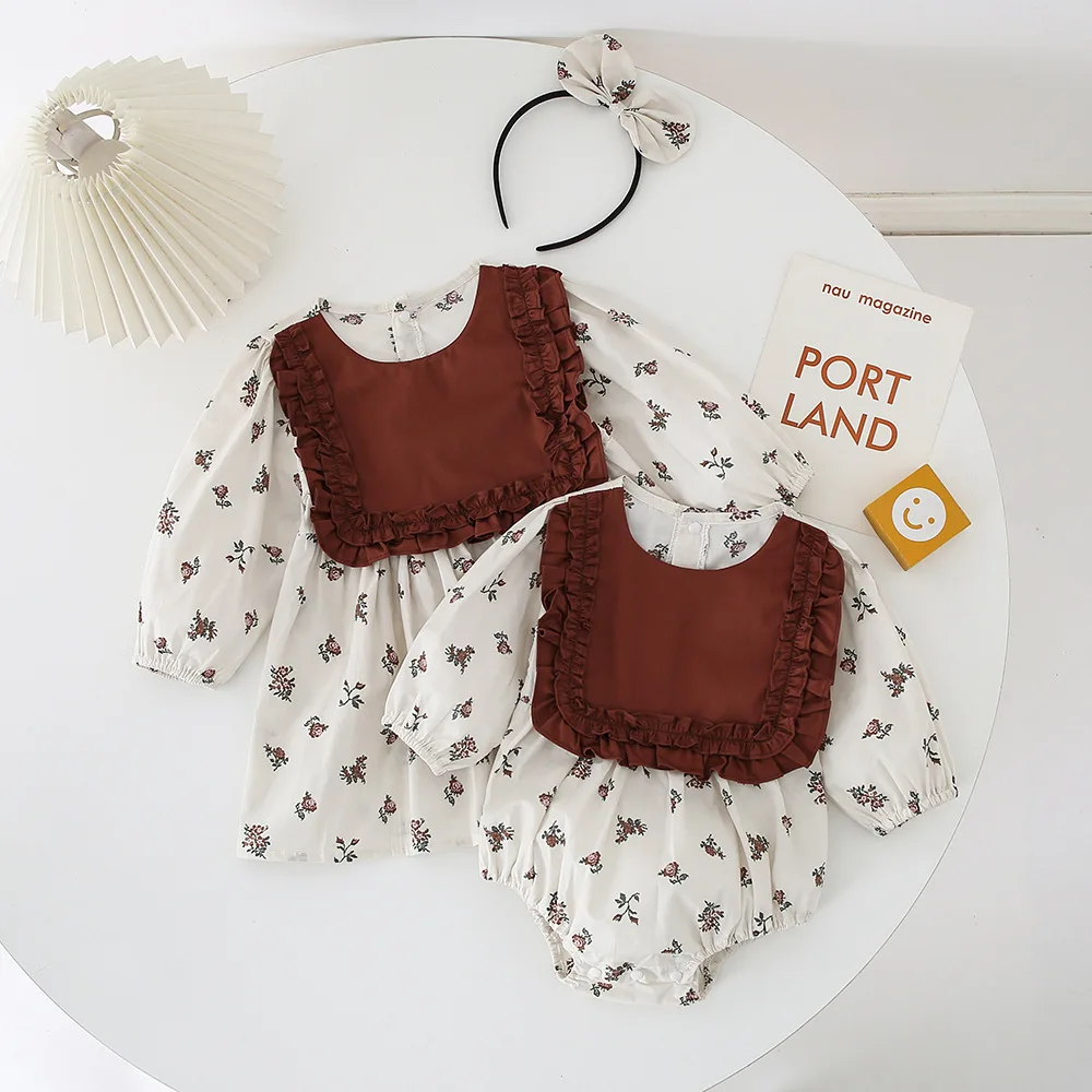

Infant Autumn Sisters Look Little Girl French Vintage Dress Korean Baby Clothes Newborn Toddler Cotton Floral Bodysuit Romper