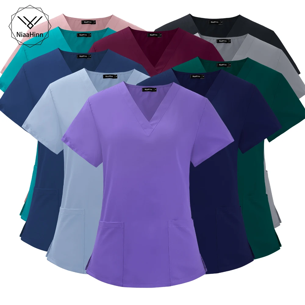 

Unisex Surgical Gown with Pocket V-neck Scrubs Short Sleeve for Women Top thin Fashion Scrub Shirt Hospital Solid Color Uniform